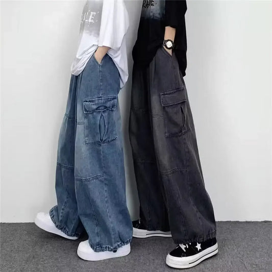 Japanese Vintage Wide-leg Pocket Cargo Pants Men's Autumn/winter New Trendy Brand Ins Unisex Loose Fit Straight Leg Jeans.