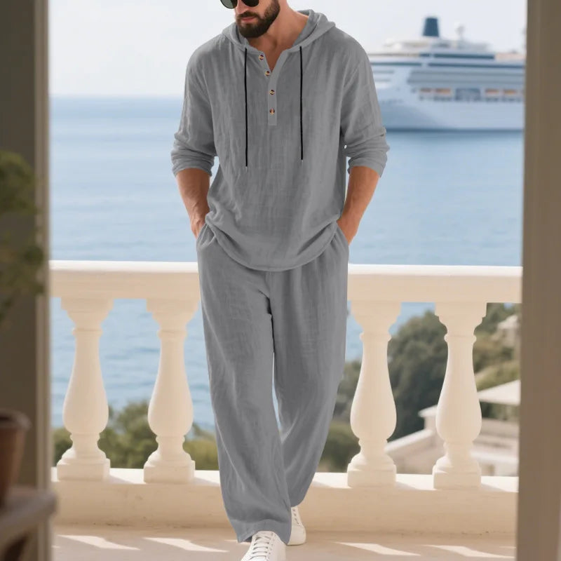 Cross-border Autumn Linen Men's Casual Suit Loose Hooded Henley Shirt Long Sleeve Pants Suit.