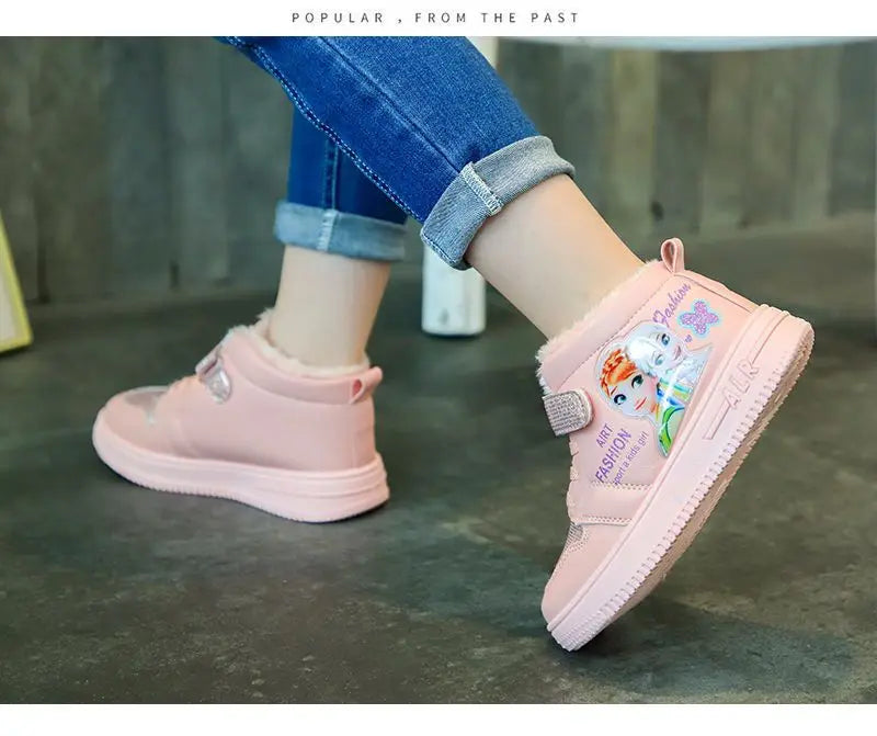 Disney Children Winter Ankle Snow Boots Cartoon Princess Elsa Frozen Pink Casual Shoes For Girls Warm Outdoor Shoes Size 26-37.