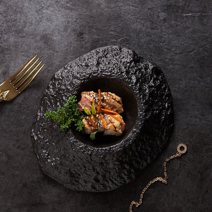 Volcano-shaped Black Deep Plate Creative Irregular Ceramic Tableware in Restaurant French Special-shaped Soup Plate Swing Plate.