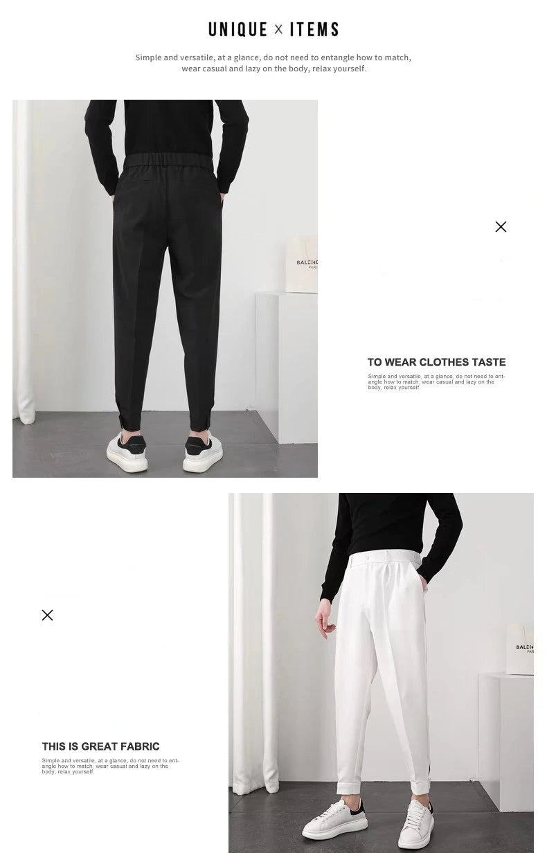 Fashion Men Casual Pants Elastic Waist Small Feet Slim Korean Style Pleated Tapered Male Blazer Pants Trousers Streetwear.
