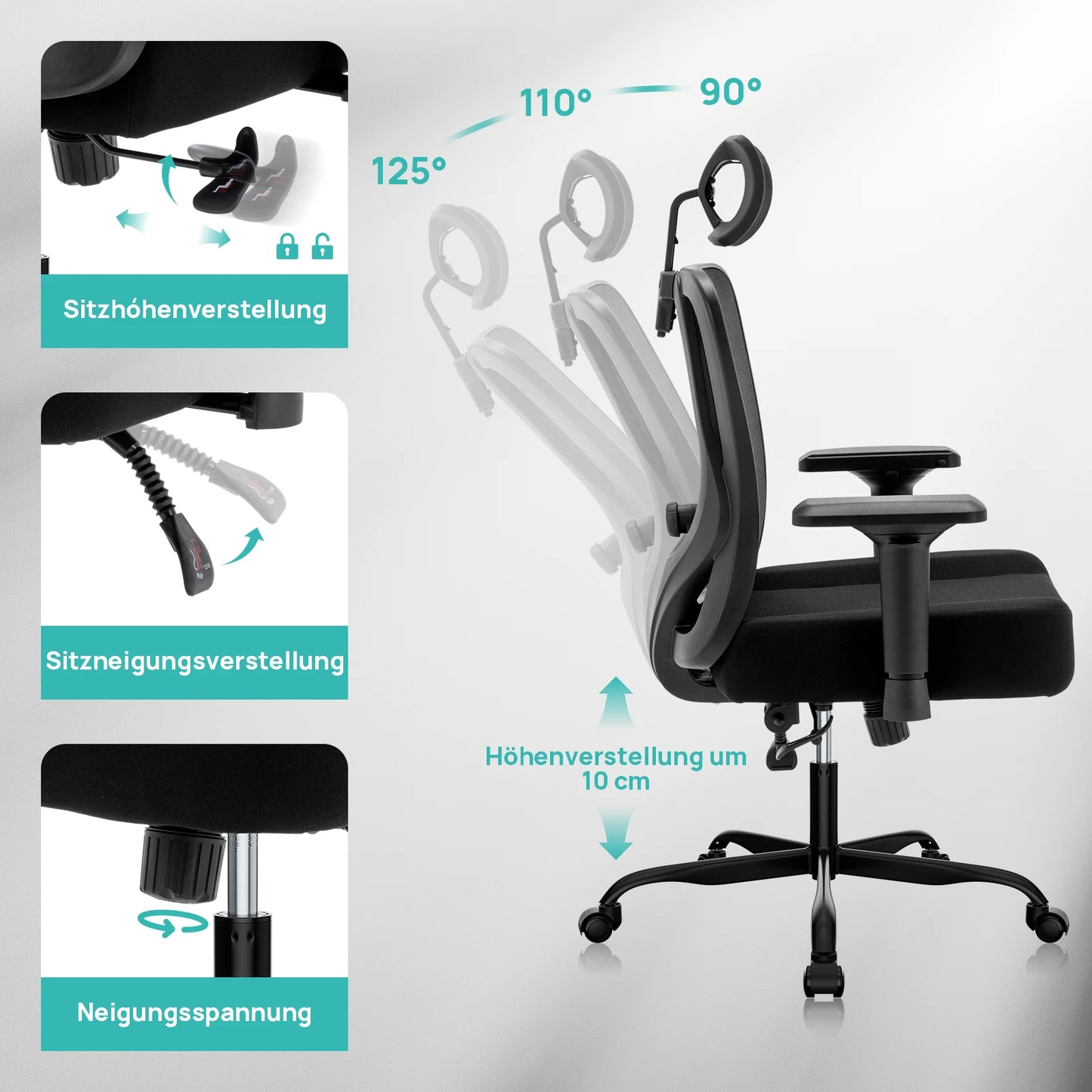 WOTSTA Ergonomischer Bürostuhl mit atmungsaktiver Rückenlehne und verstellbaren Kopfstützen-Armlehnen, gepolstertem Sitz, ideal für Arbeit und Studium