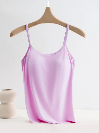 Solid Color Sling Vest for Women with Built-in Bra Pads, Adjustable Shoulder Straps - Summer Inner Layer Top