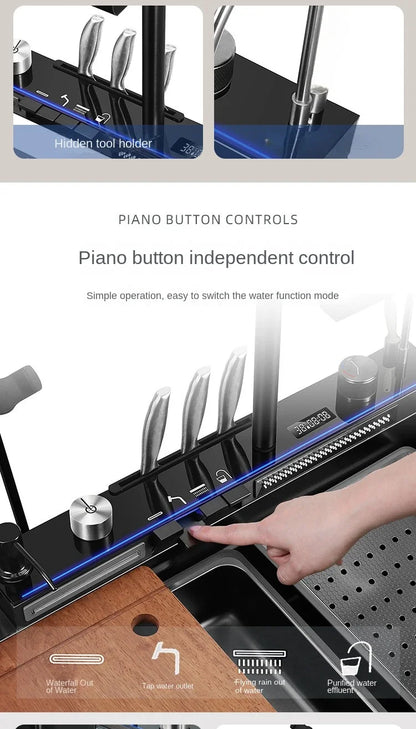Großes Einzelschlitz-Wasserfallspülbecken aus Edelstahl 304, Digitalanzeige, geprägtes Waschbecken, Haushaltswaschbecken