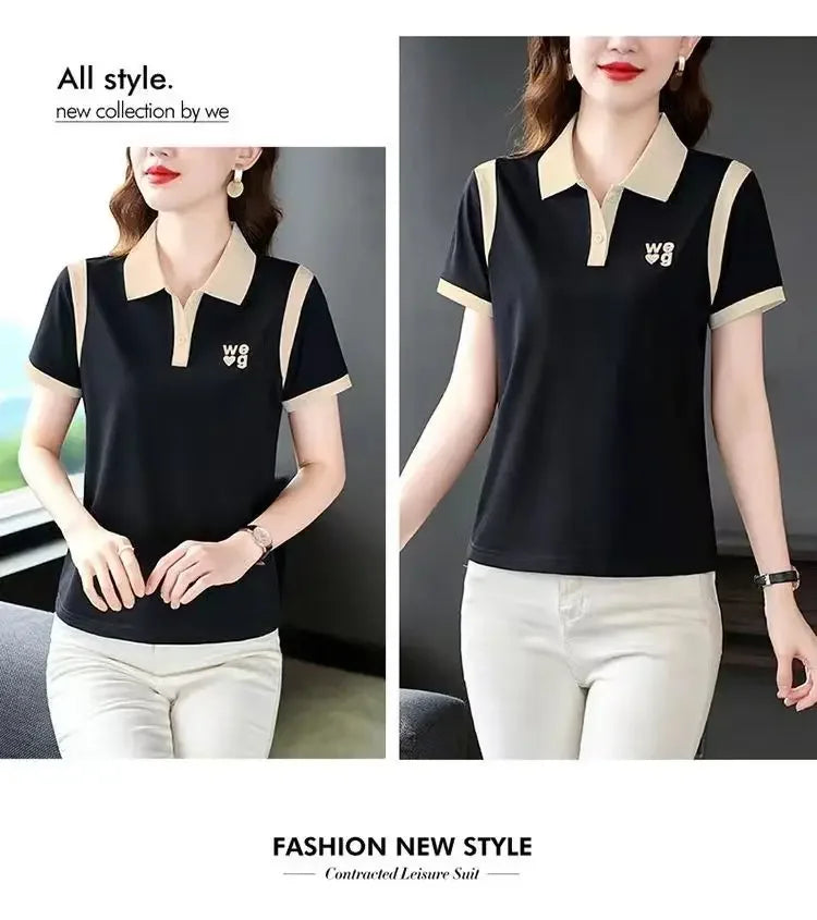 Sporty Short Sleeve Polo Shirt for Women Summer Fashionable Hong Kong Style Top Slim Fit Mixed Fabric Trendy T-Shirt.