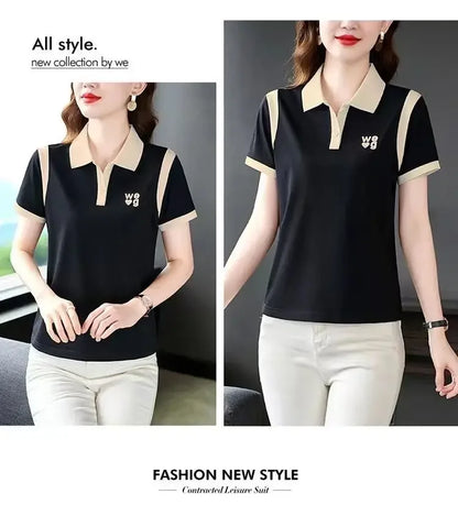Sporty Short Sleeve Polo Shirt for Women Summer Fashionable Hong Kong Style Top Slim Fit Mixed Fabric Trendy T-Shirt.