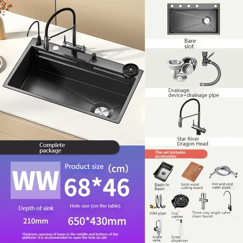 Stainless Steel Kitchen Sink With Waterfall Nano Embossed Large Single Slot Vegetable and Dishwashing Sinks Udermount Basin