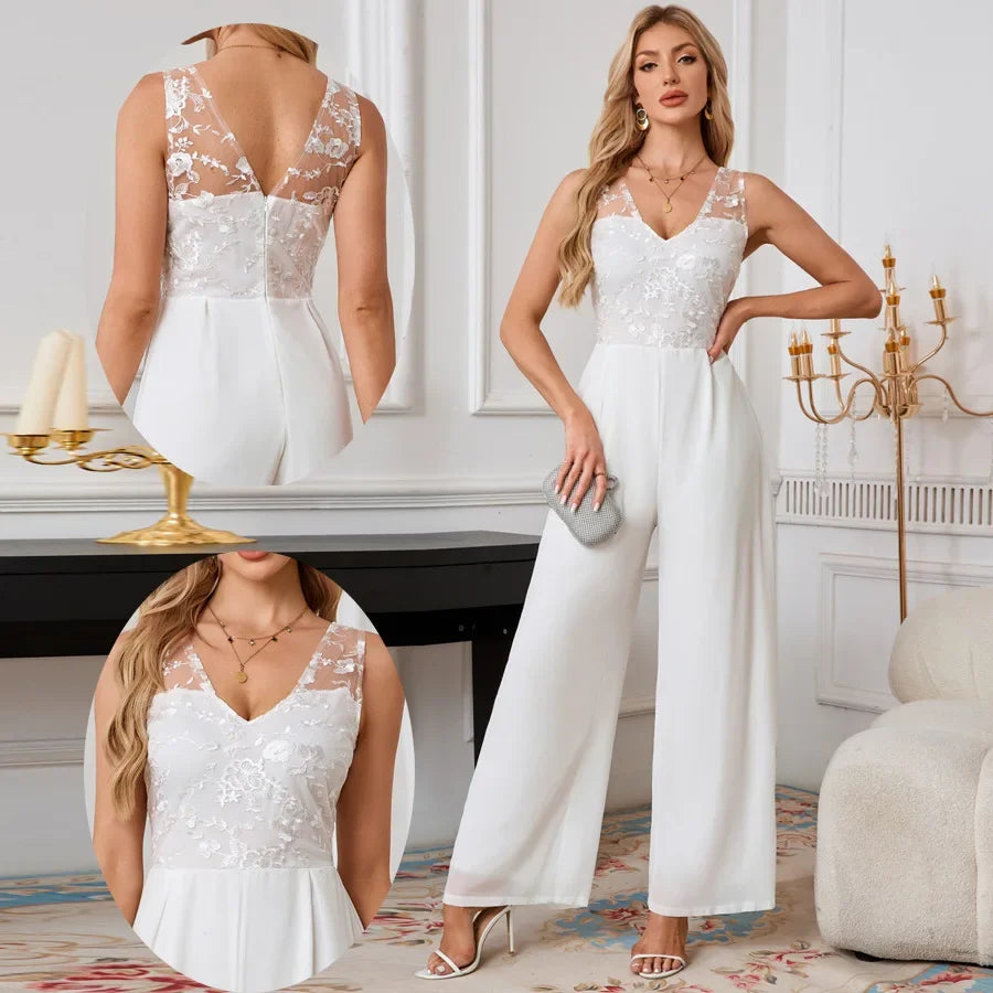 Sexy V-neck White Chiffon Lace Romper Wide Leg Wedding Party Banquet Women's Cross-border Clothing Lace Long Pants.