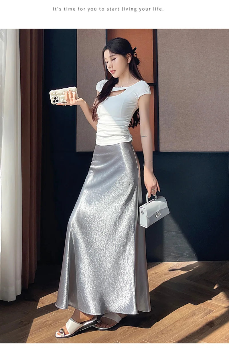 Zoki Chic Satin Elegant Long Skirt Women Casual Fashion High Waist Sweet Trumpet Skirts Slim Summer Female Korean Long Skirts.