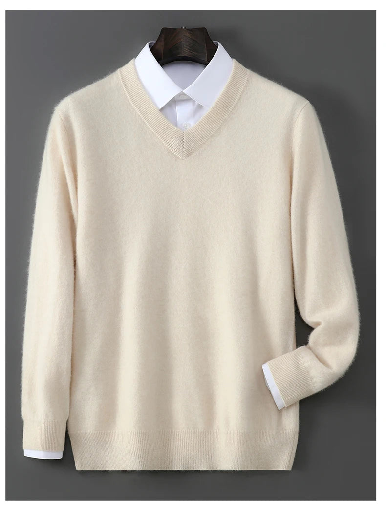 2025 Autumn Winter New Men's Wool Sweater Solid Color V-Neck Pullover Sweater Casual Loose Business Knit Plus Size Base Sweaters.