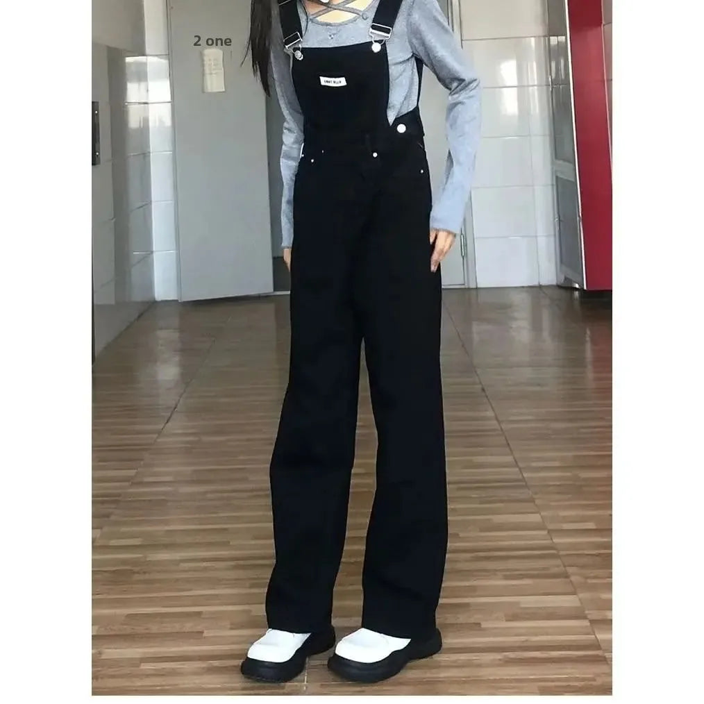 High Waist Wide Leg Jumpsuit Jeans Thin Strap Pants Korean Style Winter New Women's Loose Fit Trousers by None( AE Stock).