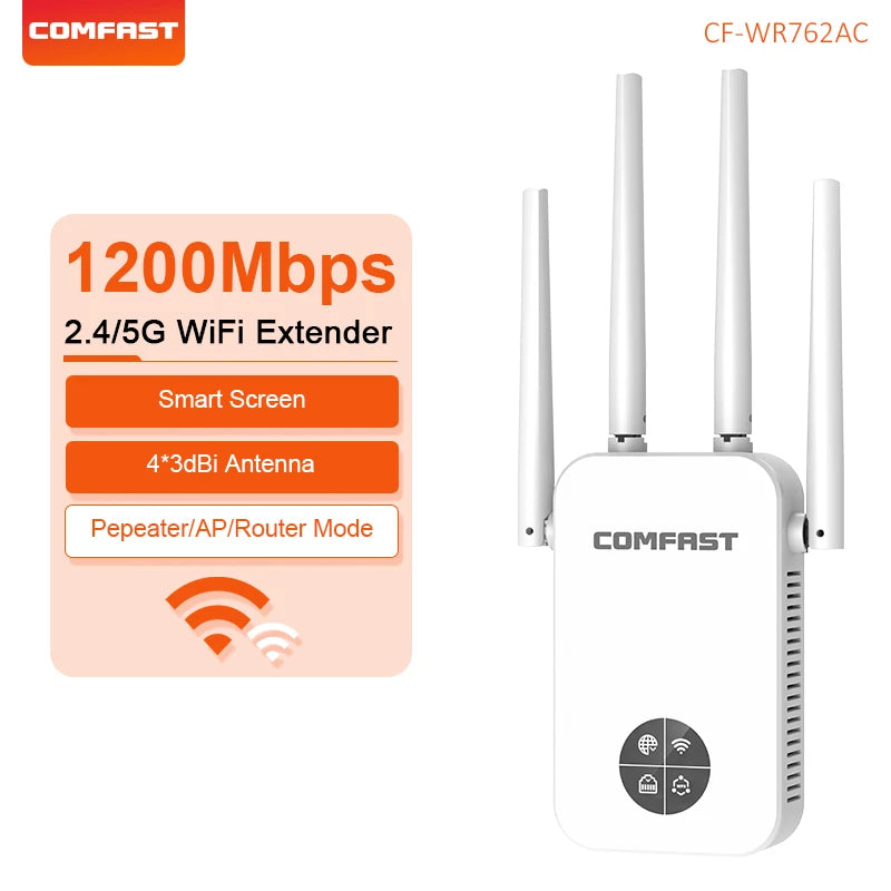 Comfast 1200Mbps Wifi Repeater 2.4/5G Dual-band Wireless WIFI Extender Smart Screen Home Router 4 Antennas WPS/RESET EU Plug