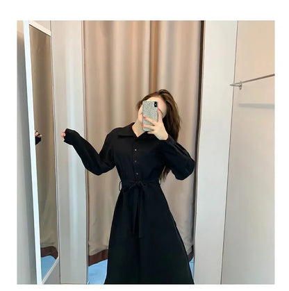 Hebenopis Damen Langes Kleid 2025, Frühling und Herbst, neues, tailliertes, schlankmachendes, elegantes schwarzes Kleid, Kleidung, schmale Passform für Damen.