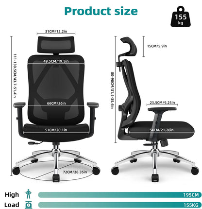 aiibottech Ergonomischer Bürostuhl, Netz-Schreibtischstuhl, verstellbare Lordosenstütze, drehbare neigbare Räder für Home-Office-Gaming