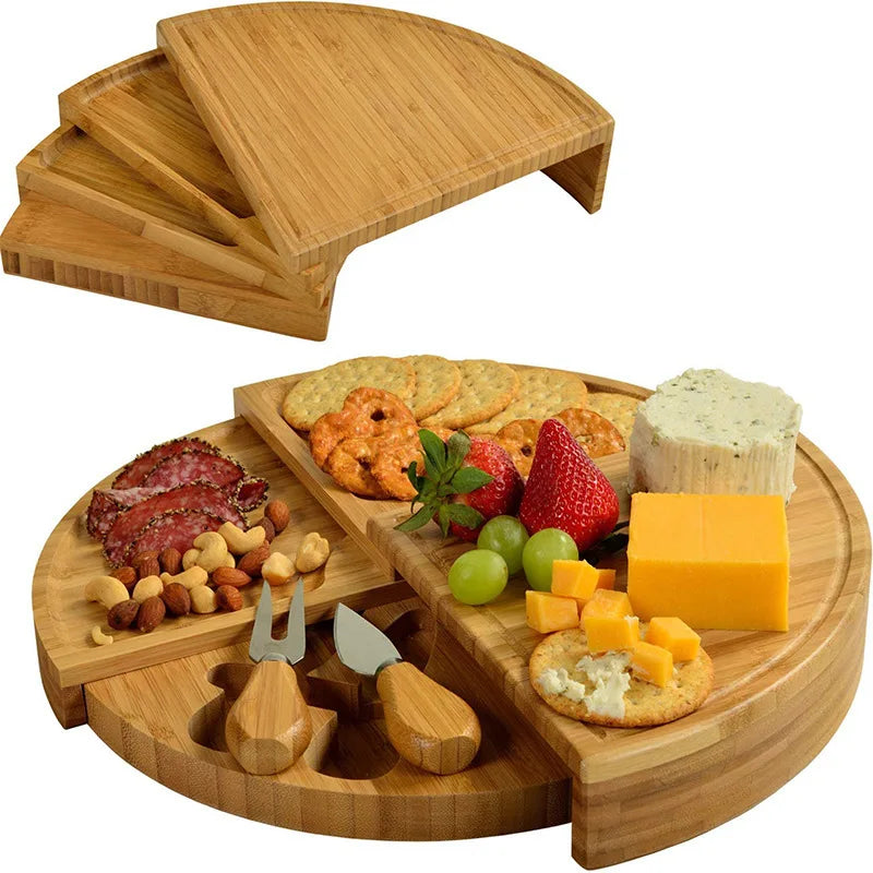 Bamboo Cheese Plate Cutting Board Pull-Out Scalloped Deli Board Assortment Snack Platter.