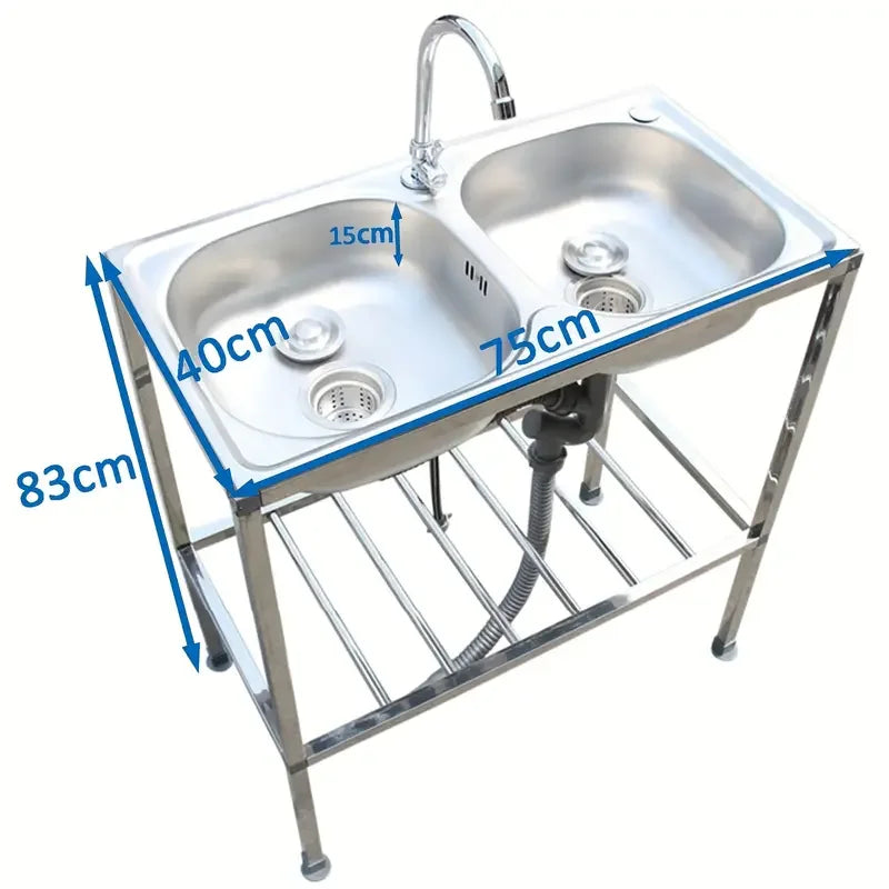 Edelstahlspüle, freistehendes Doppelschüssel-Küchenspülbecken mit Wasserhahn, Warm- und Kaltwasserrohr, Silber 75 * 40 * 83 cm