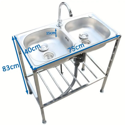 Edelstahlspüle, freistehendes Doppelschüssel-Küchenspülbecken mit Wasserhahn, Warm- und Kaltwasserrohr, Silber 75 * 40 * 83 cm