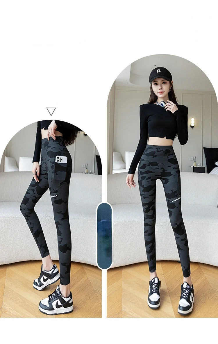 Women Camo Shark Pants High Waist Pocket Leggings Big Size Stretchy Casual Pants Fashion Skinny Yoga Fitness Pants.