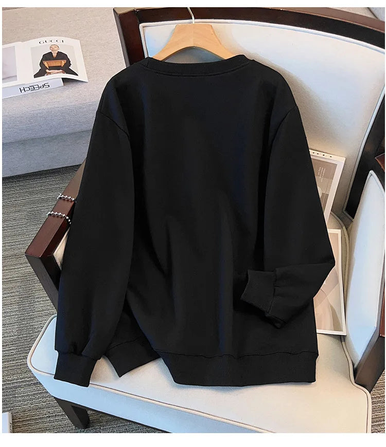 175 kg Plus Size Damen Büste 170 Frühling Herbst Lose Rundhals Langarm Bedrucktes Sweatshirt Schwarz Rosa 5XL 6XL 7XL 8XL 9XL