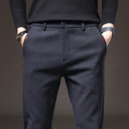 Autumn Winter Men's Brushed Fabric Casual Pants Business Fashion Slim Fit Stretch Thick Gray Blue Black Cotton Trousers Male