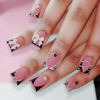 Blush Pink False Nails Bowknot Diamond Pearl 3D Design Press on Nail Tips with Harmless Smooth Edge Nails Woman DIY Fake Nails.