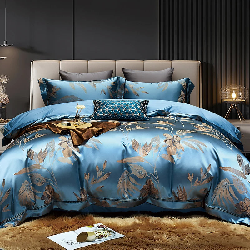 Luxury Satin Jacquard  Cotton Bedding Set Gold Leaves Egyptian Cotton Smooth Duvet Cover Set Flat/Fitted Sheet Pillowcases.