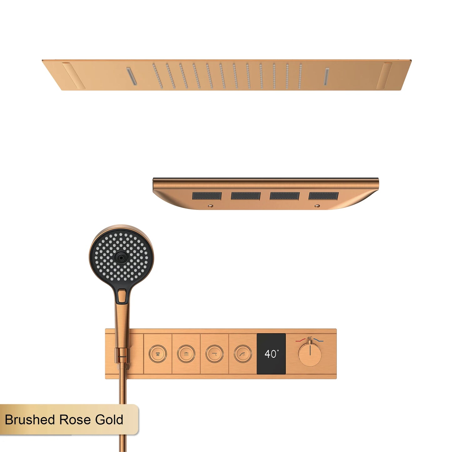 Deckenmontiertes thermostatisches LED-Digitalanzeige-Duschsystem. Eingebetteter Badmischer aus Messing im Wasserfallstil für heißes und kaltes Wasser