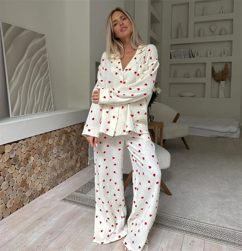 Sommer Neue Liebe Herz Druck Pyjama 100% Baumwolle Langarm Set 2Pcs Outfit Revers Nachtwäsche Taste Unten frauen pyjamas Nachtwäsche