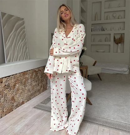 Sommer Neue Liebe Herz Druck Pyjama 100% Baumwolle Langarm Set 2Pcs Outfit Revers Nachtwäsche Taste Unten frauen pyjamas Nachtwäsche