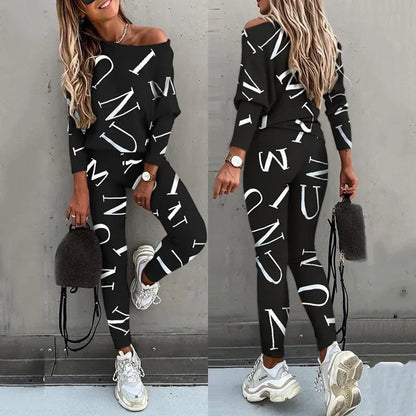 Autumn New Women's Fashion Letter Print Sexy Off Shoulder Long Sleeved Leggings Long Pants Casual Comfortable Two-piece Set.