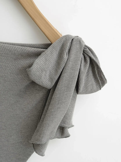 Shoulder Bared Short Sleeve T Shirt Women's Spicy Girl Design Slimming Top Summer New Style One Word Oblique Shoulder Tie Waist.