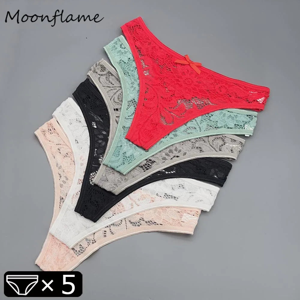 Moonflame 5Pcs Lace Cotton Thongs Underwear Lingerie For Women T-back Ladies Transparent G-string Girls Panties