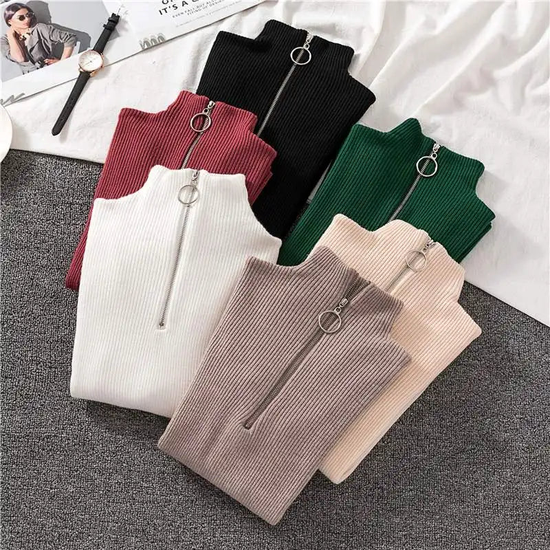 Frauen Fashion Solid Strick Pullover Vintage Langarm Zip-up Grundlegende Hälfte Rollkragenpullover Weibliche Pullover Chic Casual Tops.