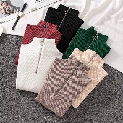 Frauen Fashion Solid Strick Pullover Vintage Langarm Zip-up Grundlegende Hälfte Rollkragenpullover Weibliche Pullover Chic Casual Tops.