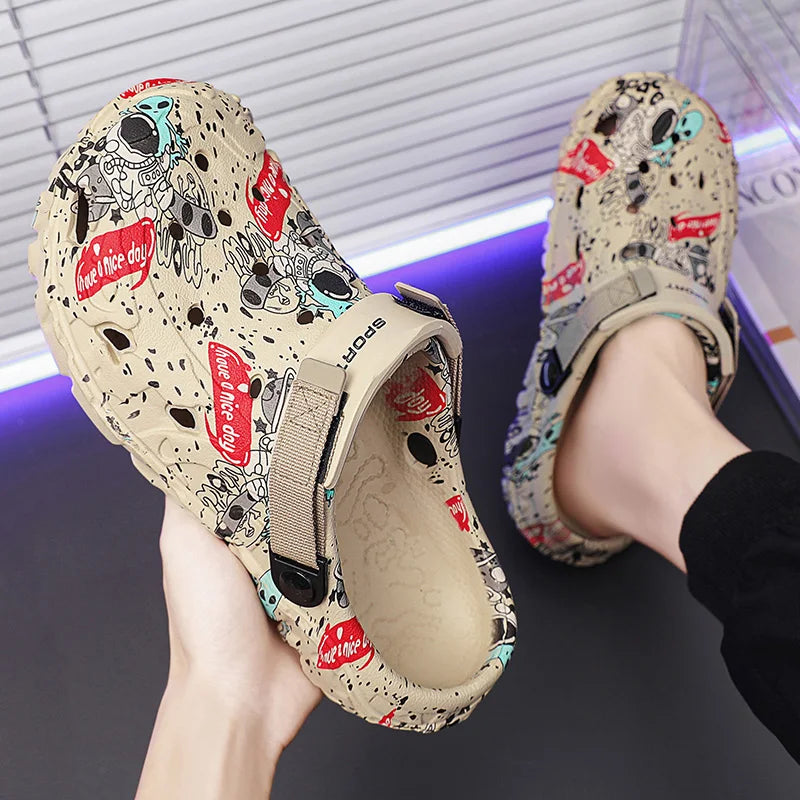 Plus Size 47 Men's Clogs 2025 Summer Sandals Beach Slippers Flat Sandals Men Leisure Slides Creative Printing Man Casual Shoes.