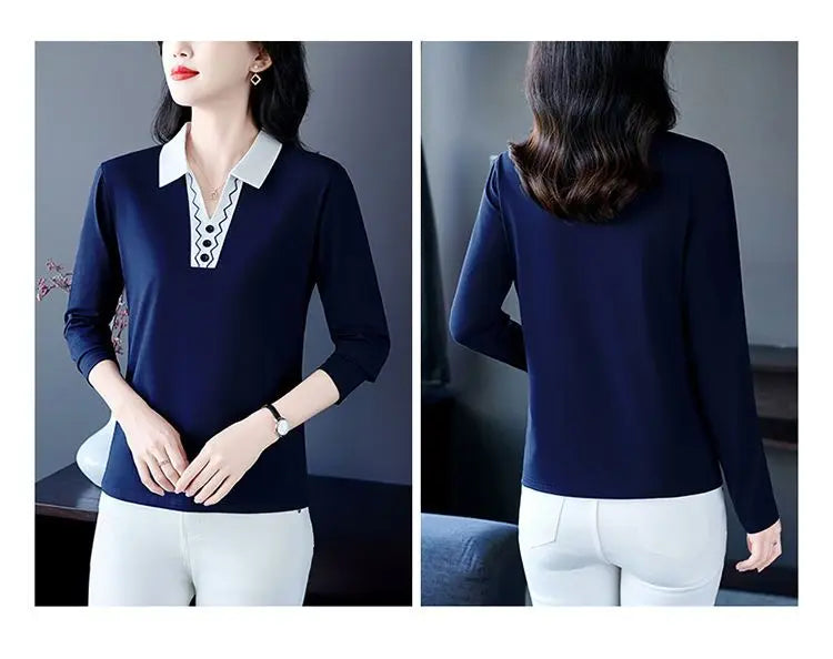2025 Autumn New Women Clothes Office Lady Simplicity Patchwork Polo-Neck Top Tee Ladies Fashion Loose Buttons Long Sleeve Shirts.