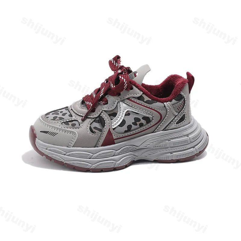 Children's Sneakers Autumn Winter Boys Sport Shoes Girls Plush Warm Casual Cotton Shoes Studnet Leopard Print Anti Slip Sneakers.
