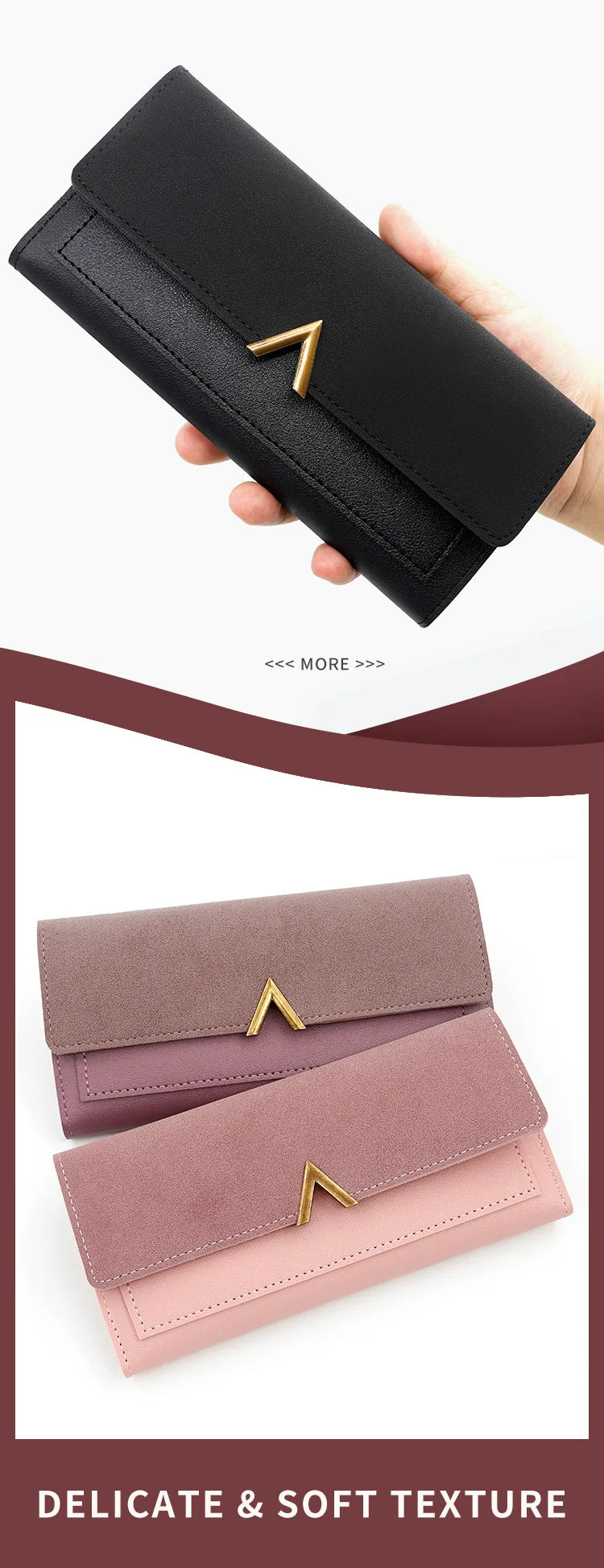 New Korean version women's wallet long V-shaped buckle three fold wallet for women, hand-held bag, change card bag.