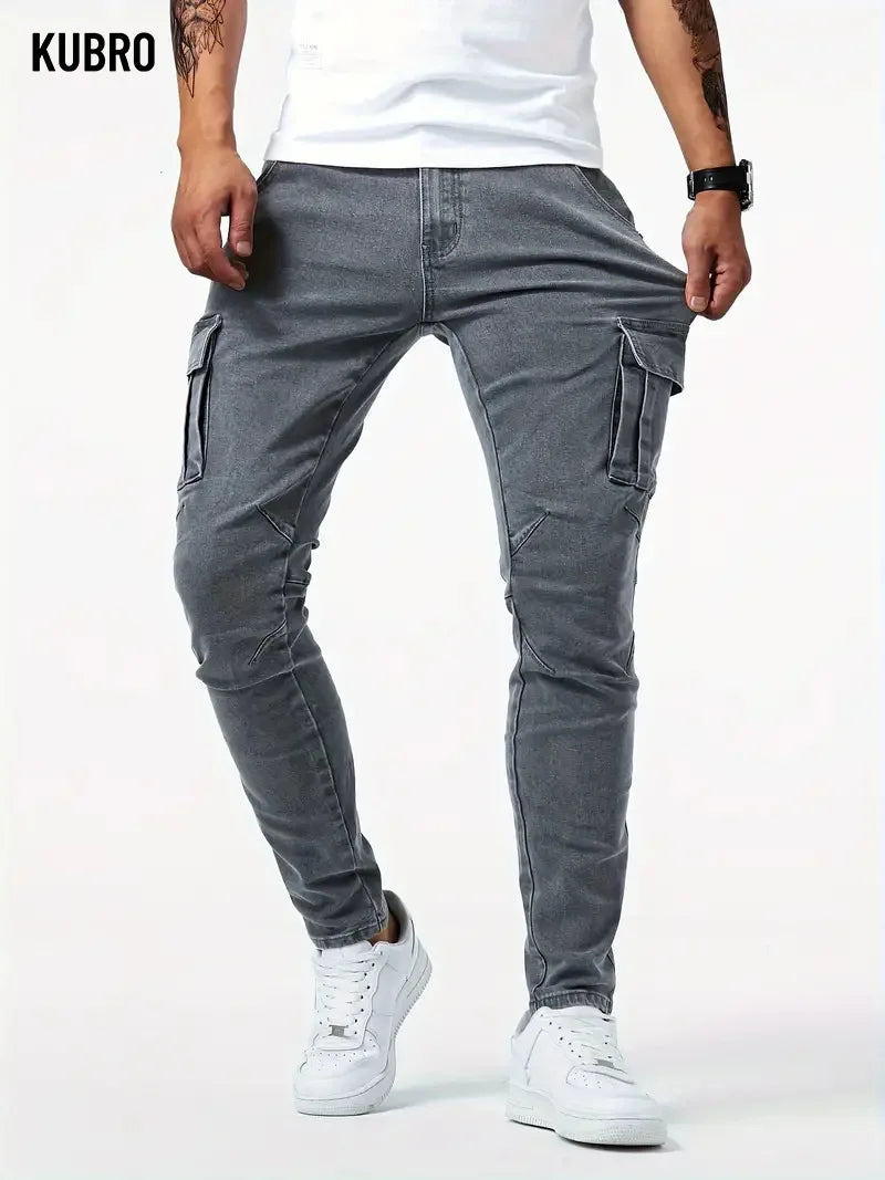 Street Elastic Jeans Men Denim Cargo Pants Wash Solid Color Multi Pockets Casual Mid Waist Trousers Slim Fit Daily Wear Joggers.