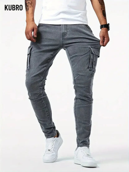 Street Elastic Jeans Men Denim Cargo Pants Wash Solid Color Multi Pockets Casual Mid Waist Trousers Slim Fit Daily Wear Joggers.