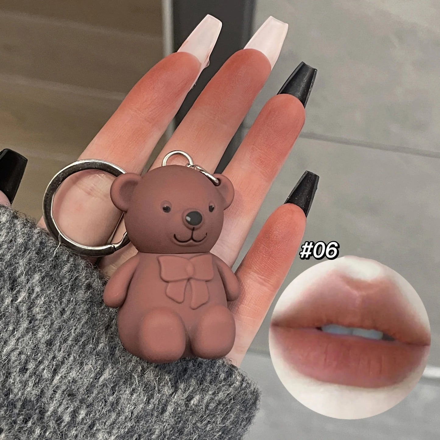 Cute Bear Keychain Matte Velvet Lip Gloss Mirror Brown Lipstick Waterproof Long Lasting Non-Stick Cup Lip Mud Korean Cosmetic.
