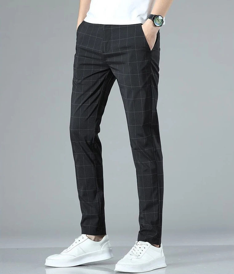 Male Suit Trousers Check Cooling Ice Silk Plaid Straight Up Clothes Offer Slacks Designer Men's Summer Pants Fabric 2025 Classic.