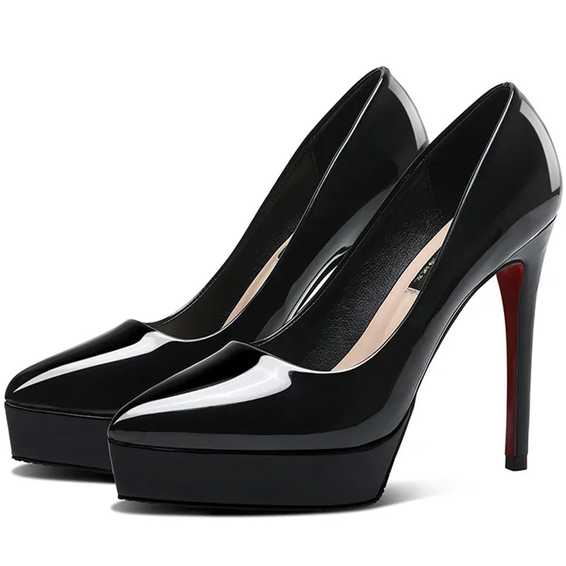 Women Pumps Brand 10CM 12CM Thin High Heels Black PU Slip On Pointed Toe Dress Office Career Party Wedding Waterproof Lady shoes.