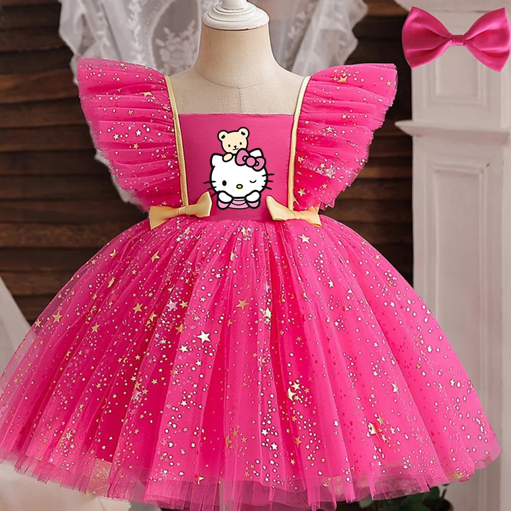 Hello Kitty Prinzessinnenkleid für Mädchen, Pailletten, Stern, Rüschen, Schleife, Tutu-Kleid, Baby, formelles Gala-Abschlussballkleid, Kinder-Abendparty-Kostüm