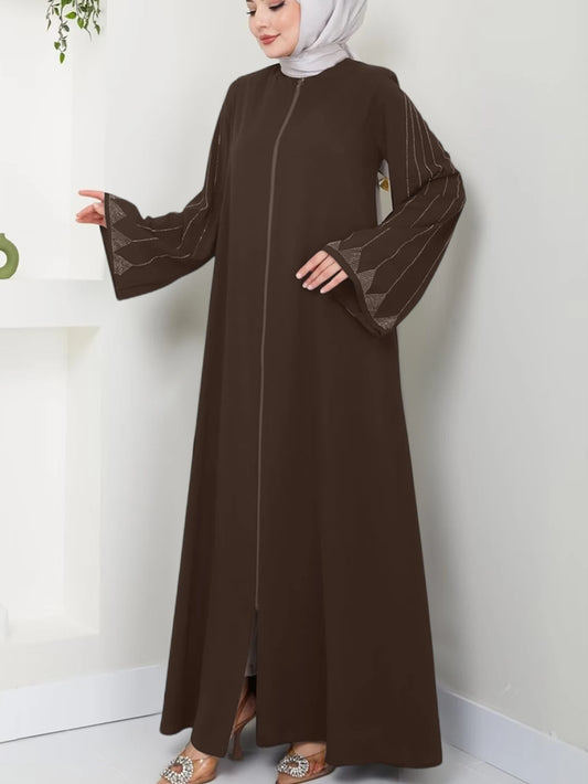 Muslim Fashion Women's Hot Diamond Long Sleeve Loose Coffee Style Elegant Dress.