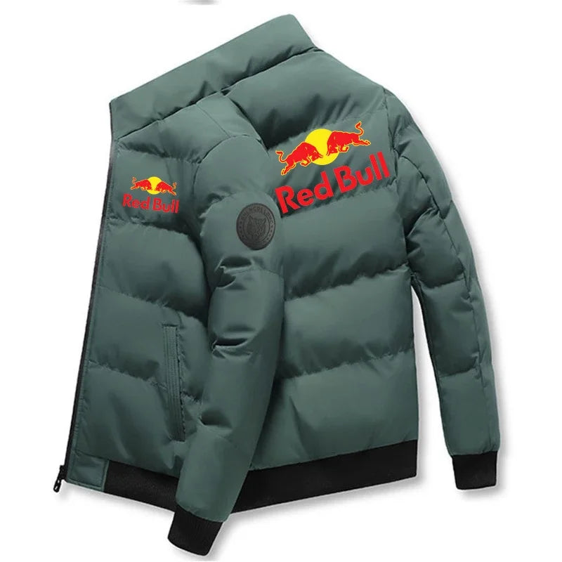 Red Bull 2025 New thick jacket, warm cotton-padded jacket, winter casual sports down jacket, stand-up collar windproof jacket.