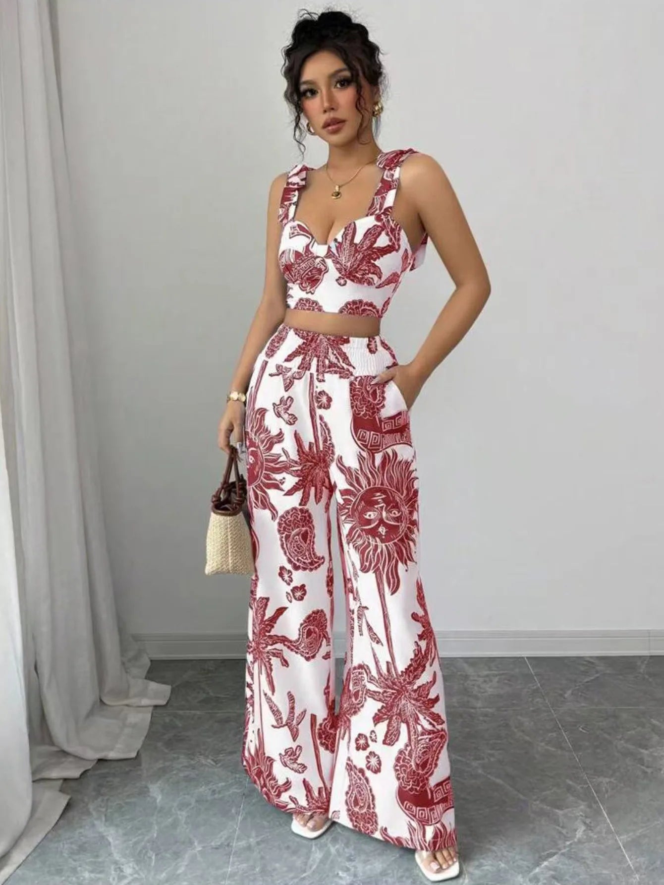 Two Piece Sets Women Pant Print Sling Tops High Waist Wide Leg Pants Drawstring Matching Sets Casual Backless Tops Summer 2025.