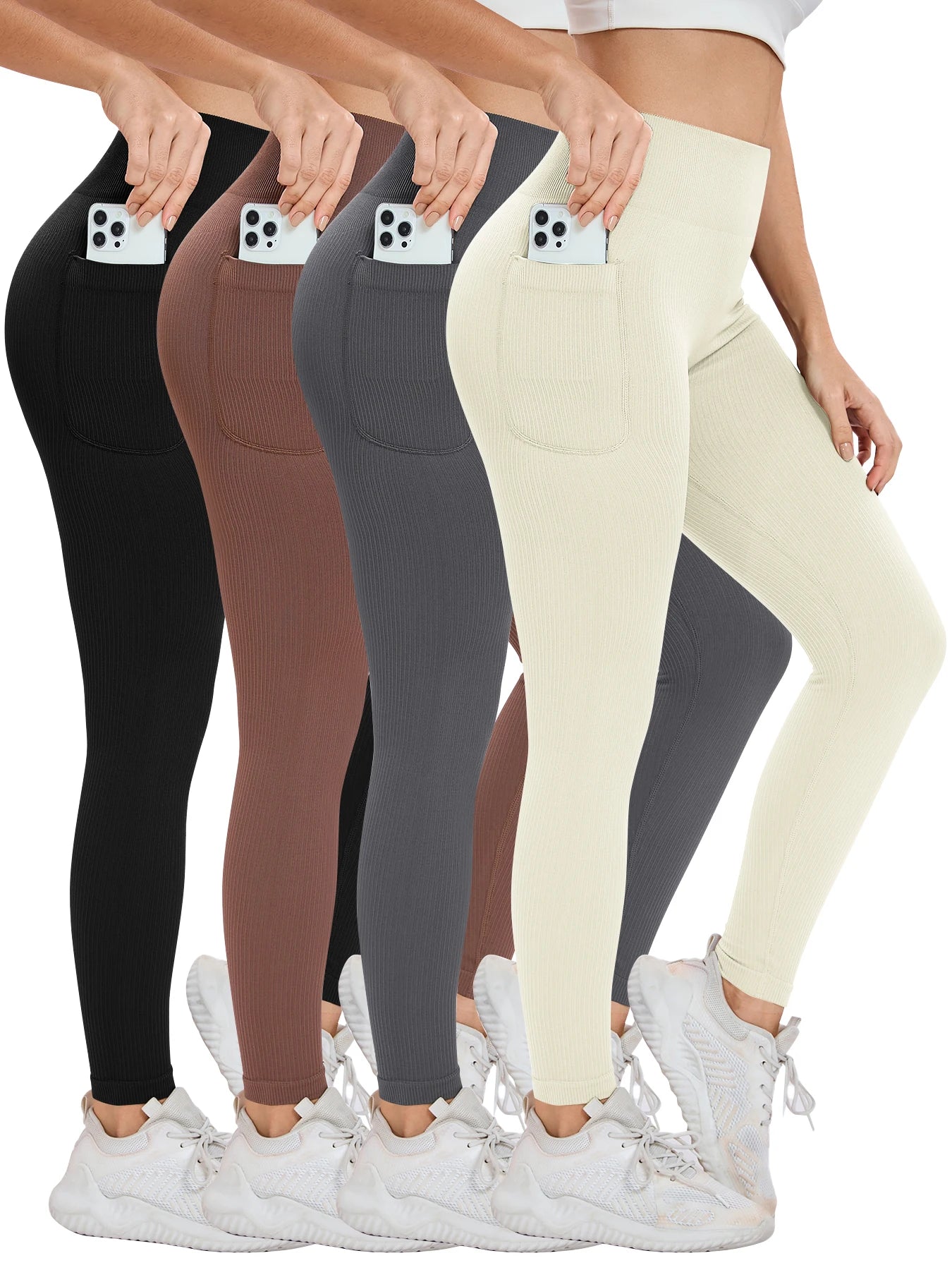 Women's solid color threaded sports leggings seamless cross-border yoga pants high-waisted fitness pants Yoga wear with pocket.