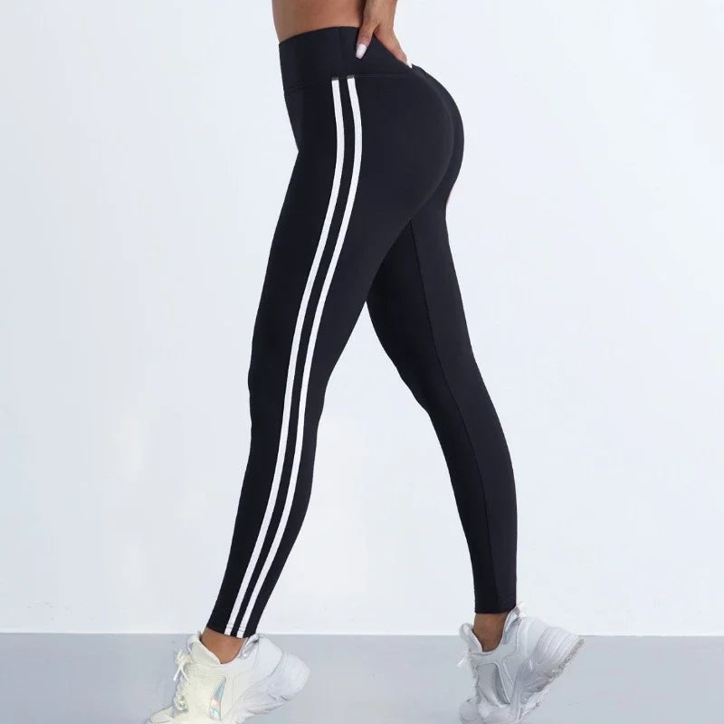 Yoga-Leggings für Damen, gestreift, schlank, Sporthose, hohe Taille, Hüftheben, lässige Strumpfhosen, Workout, Laufen, dehnbare Gym-Leggings.