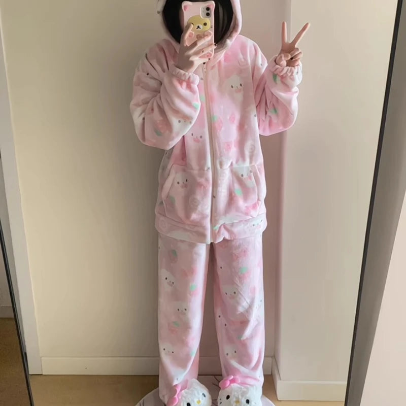Japanese New Winter Sweet Cute Cartoon Rabbit Flannel Pajamas Set Daughter Girls Pink Thickened Loungewear Women's Sleepwear.